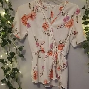 Short Sleeve White Floral Blouse